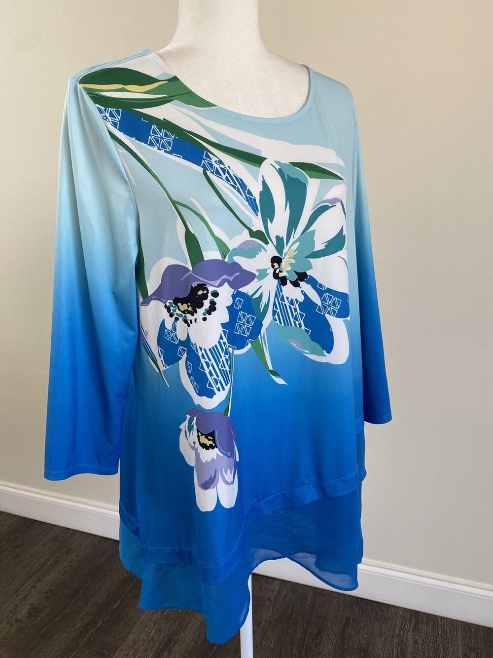 JM Collection Women’s Blue Floral 3/4 Sleeve Layers Blouse Shirt Top Sz L(1XL)